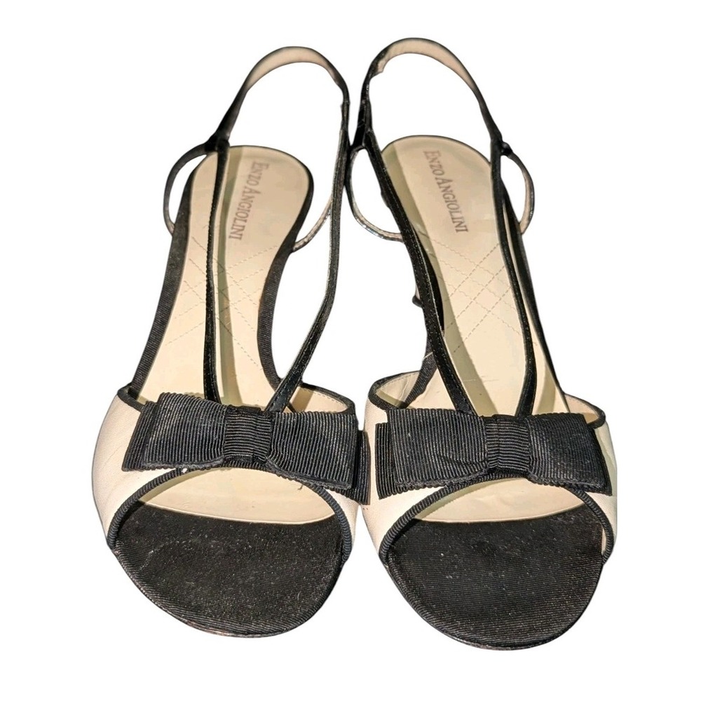 Vintage Enzo Angiolini 7.5M Leather Black Ivory Bow Slingback Heels